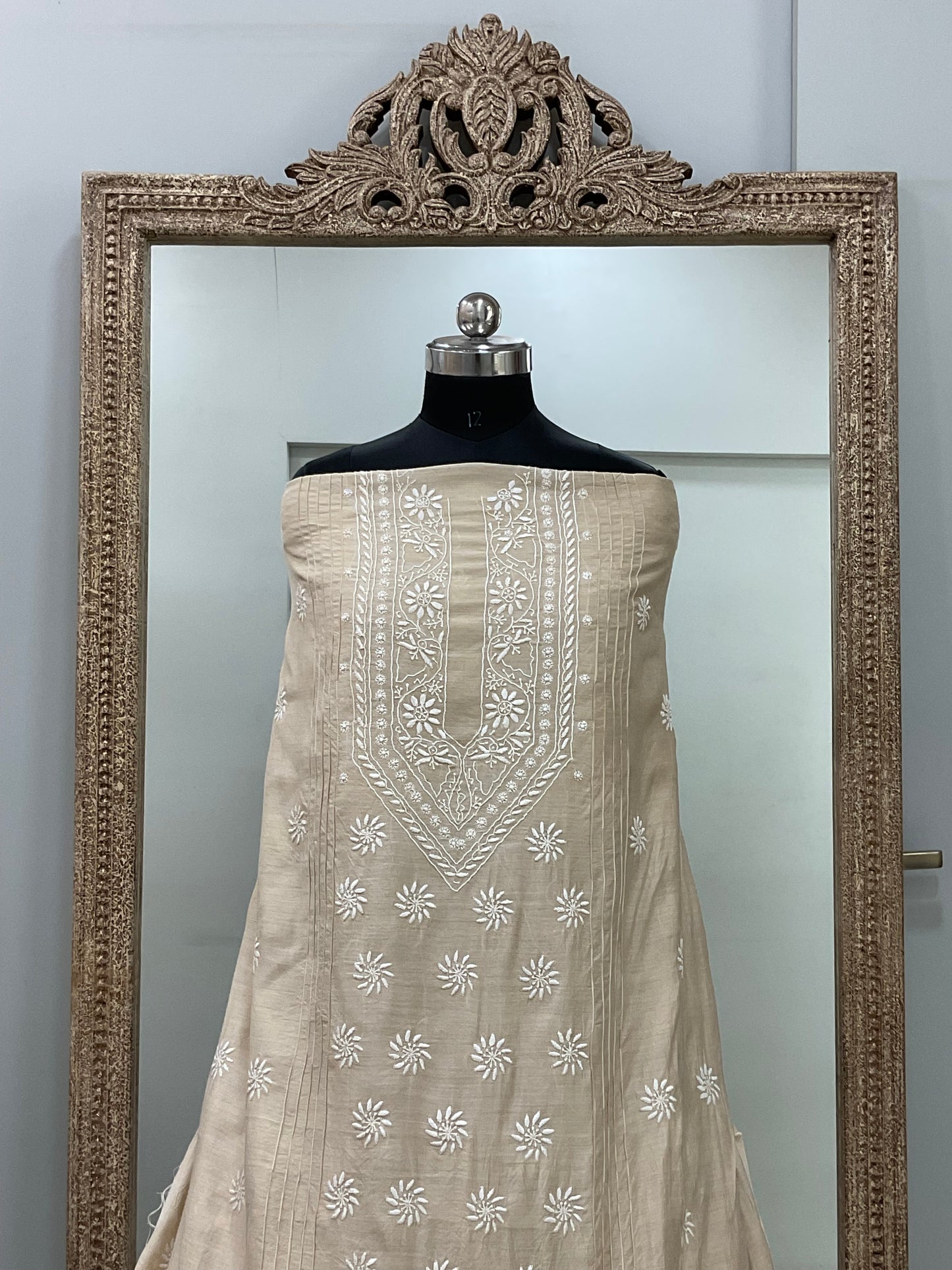 Pure Silk Gents Kurta Front Jaal Heavy Chickan Work Beige 02