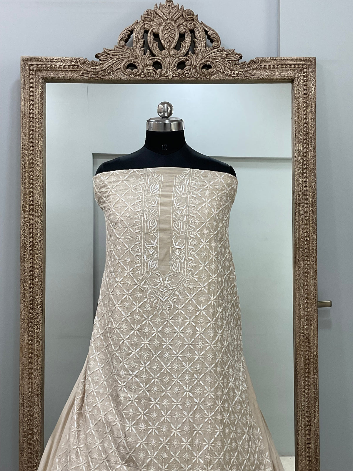 Pure Silk Gents Kurta Front Jaal Heavy Chickan Work Beige 03