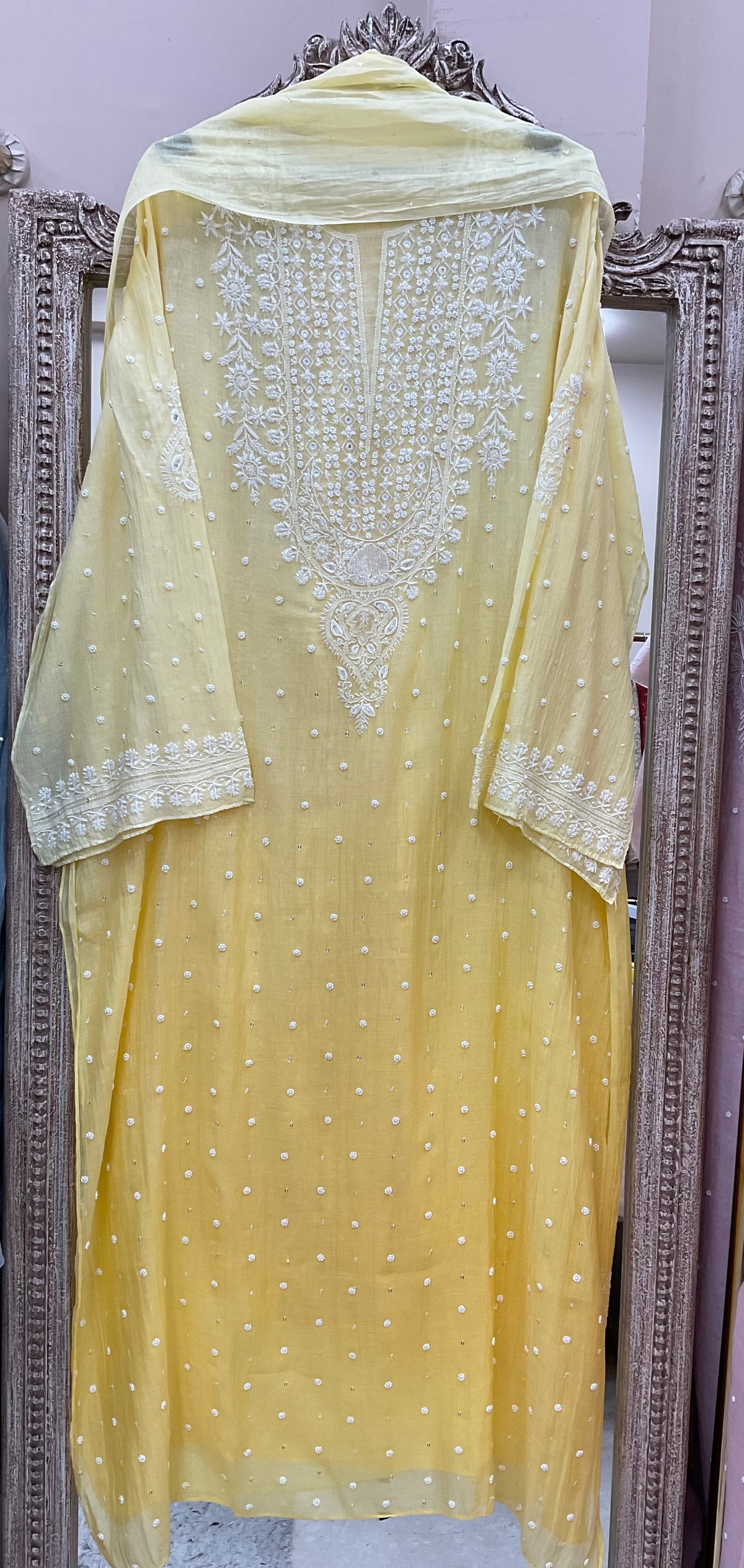 Pure Mulmul Cotton Semistiched Kurta Pearl And Addon Work With Dupatta Yellow