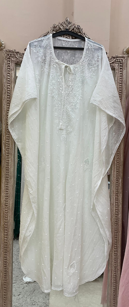 Pure Mulmul Kaftan Pearl And Addon Work White 01