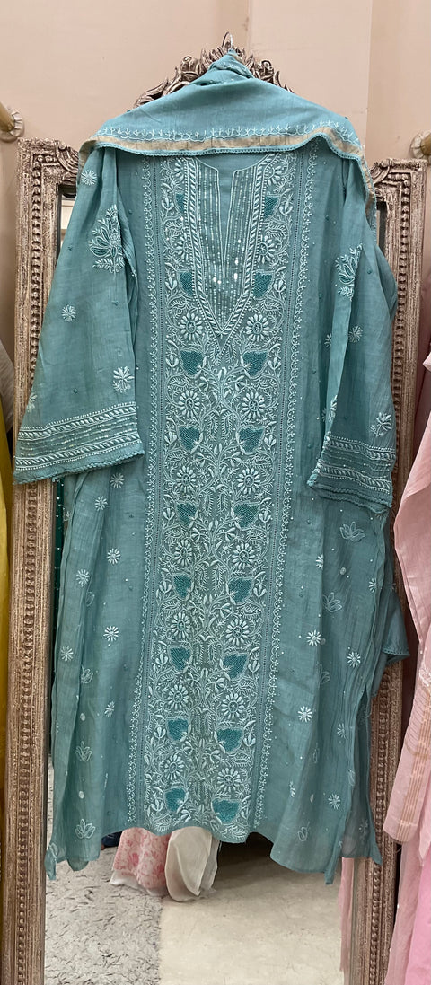 Pure Mul Cotton Straight Pearl And Addon Work With Dupatta Blue