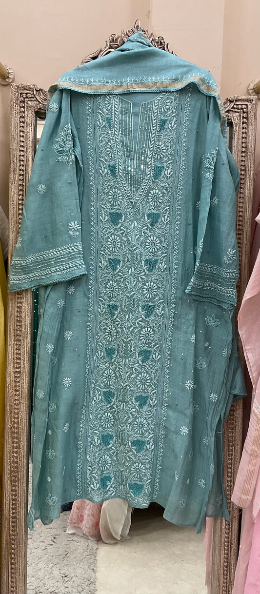 Pure Mul Cotton Straight Pearl And Addon Work With Dupatta Blue