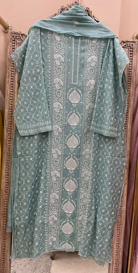 Pure Mul Cotton Straight Pearl And Addon Work With Dupatta Green