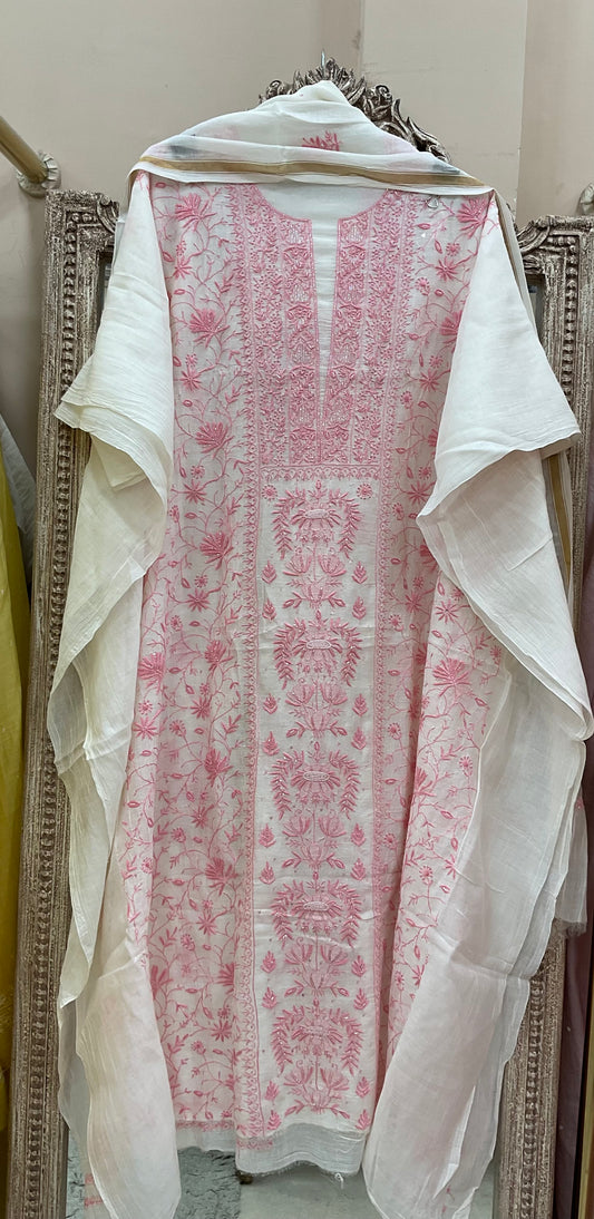 Pure Mulmul Cotton Semistiched Kurta Pearl And Addon Work With Dupatta White 01