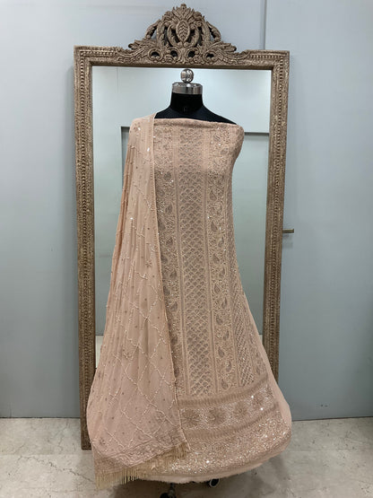 Pure Georgette Heavy Pearl Cutdana and Sequence Designer Golden Beige