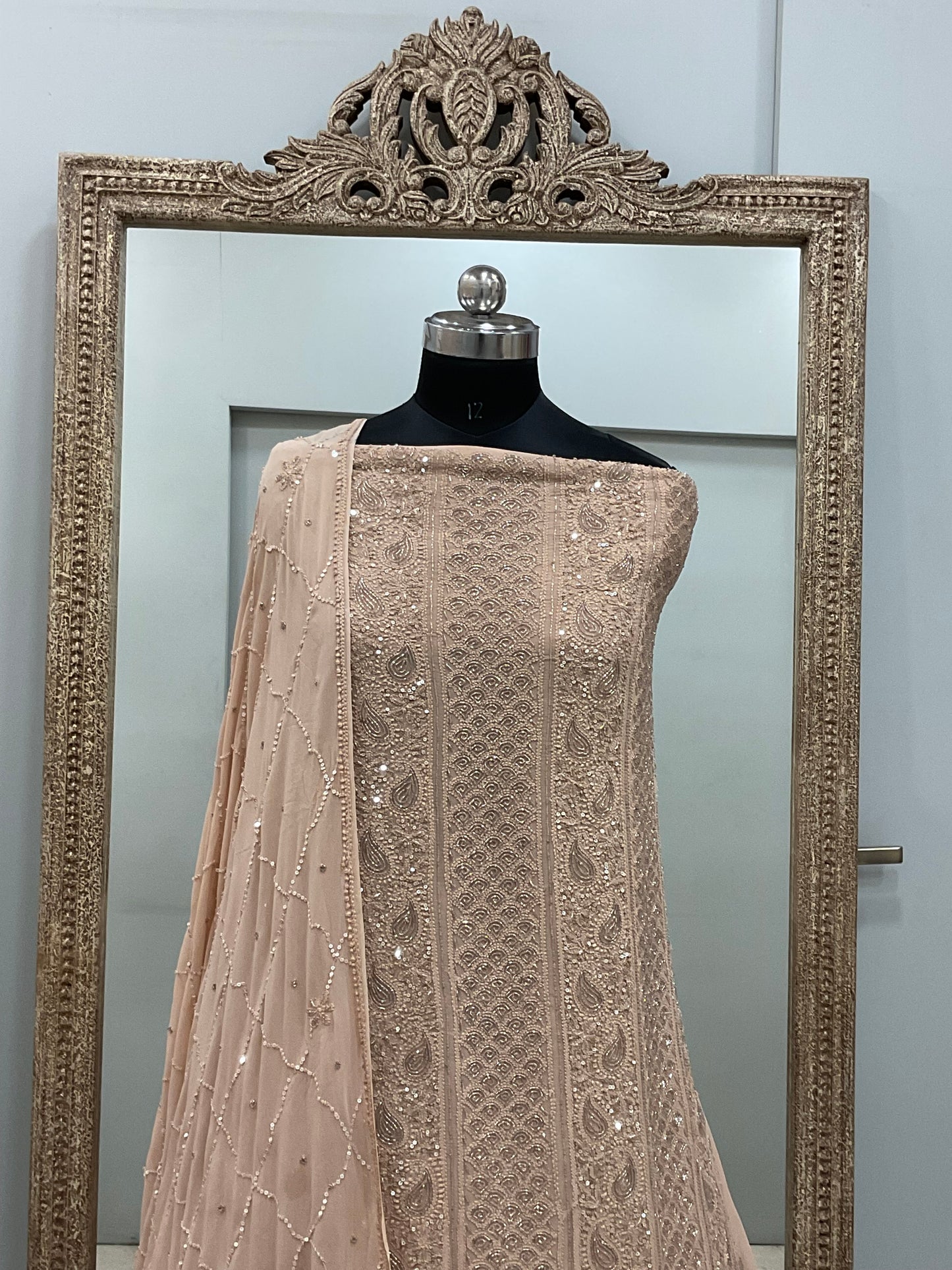Pure Georgette Heavy Pearl Cutdana and Sequence Designer Golden Beige