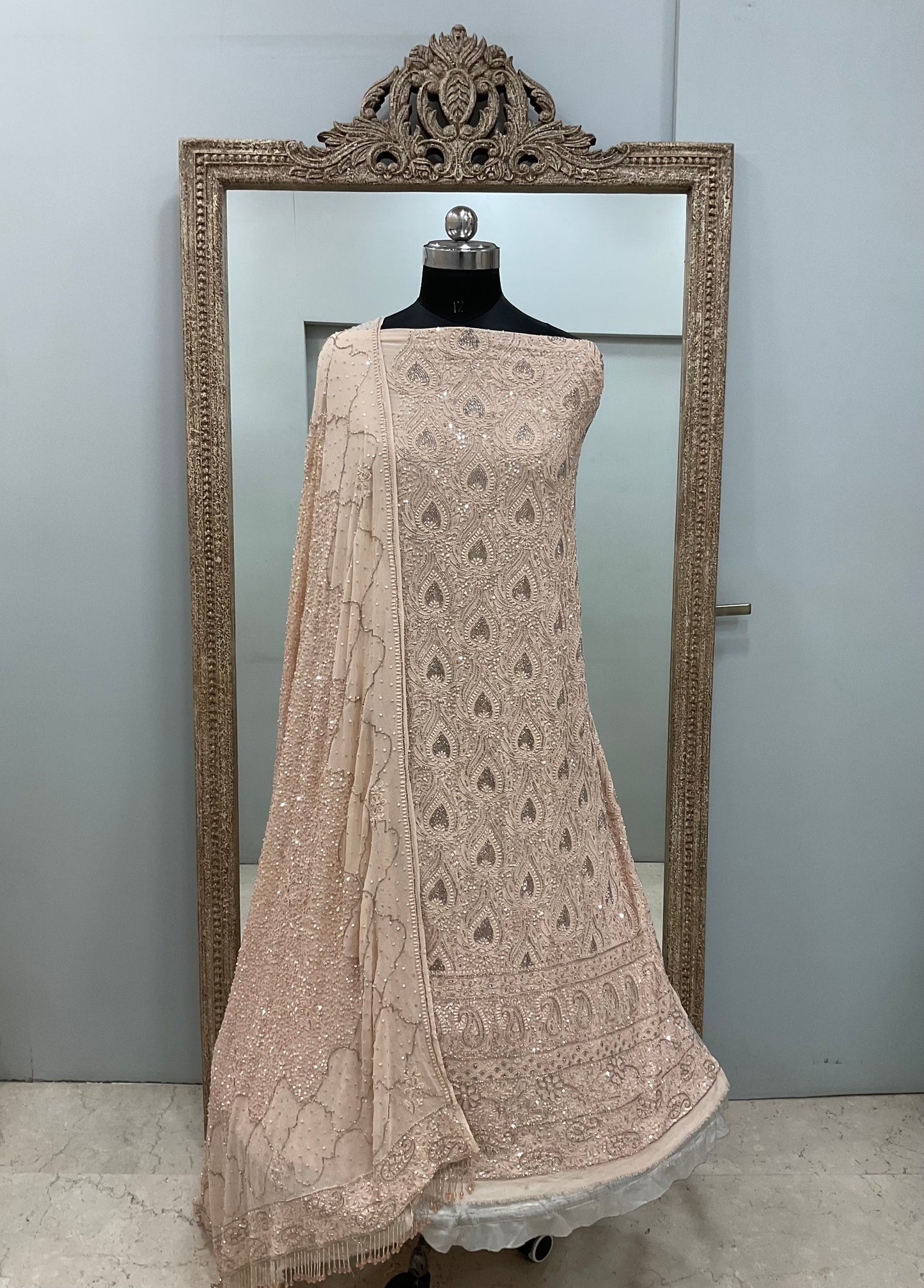 Superfine Pure Georgette Heavy Pearl Cutdana and Sequence Designer Beige