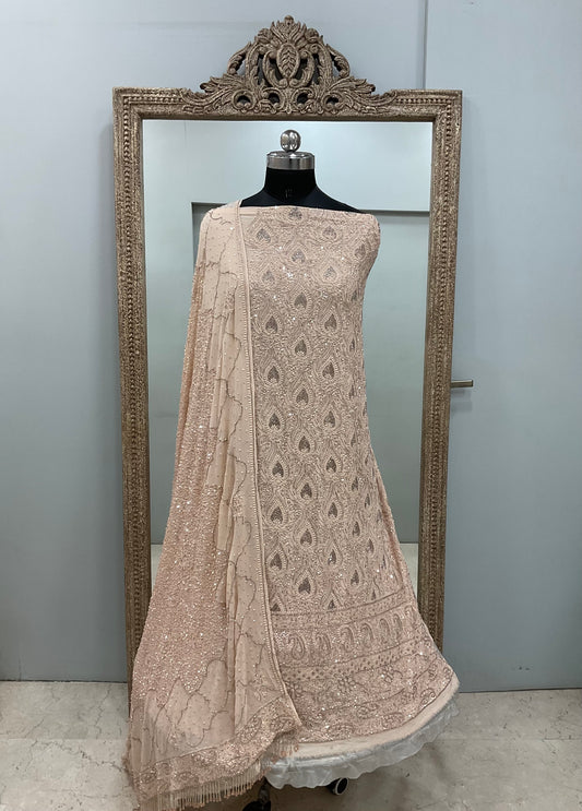 Superfine Pure Georgette Heavy Pearl Cutdana and Sequence Designer Beige