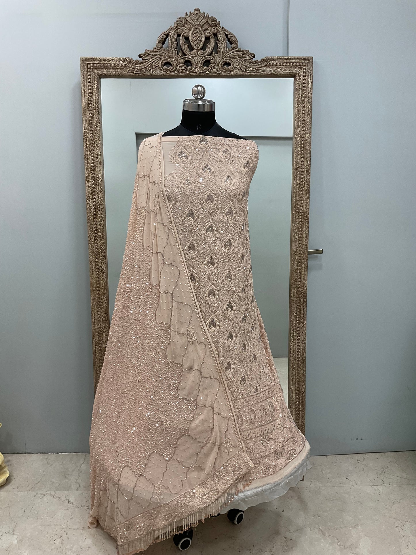 Superfine Pure Georgette Heavy Pearl Cutdana and Sequence Designer Beige