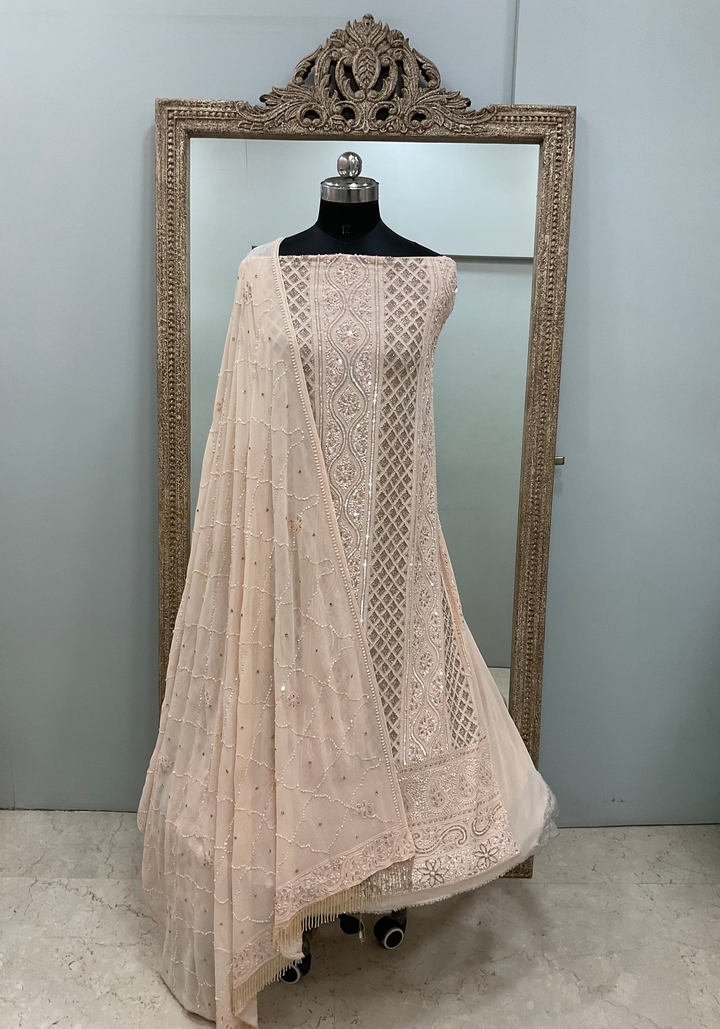 Pure Georgette Heavy Pearl Cutdana and Sequence Designer Beige