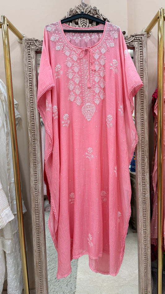 Pure Mulmul Kaftan Pearl And Addon Work Pink