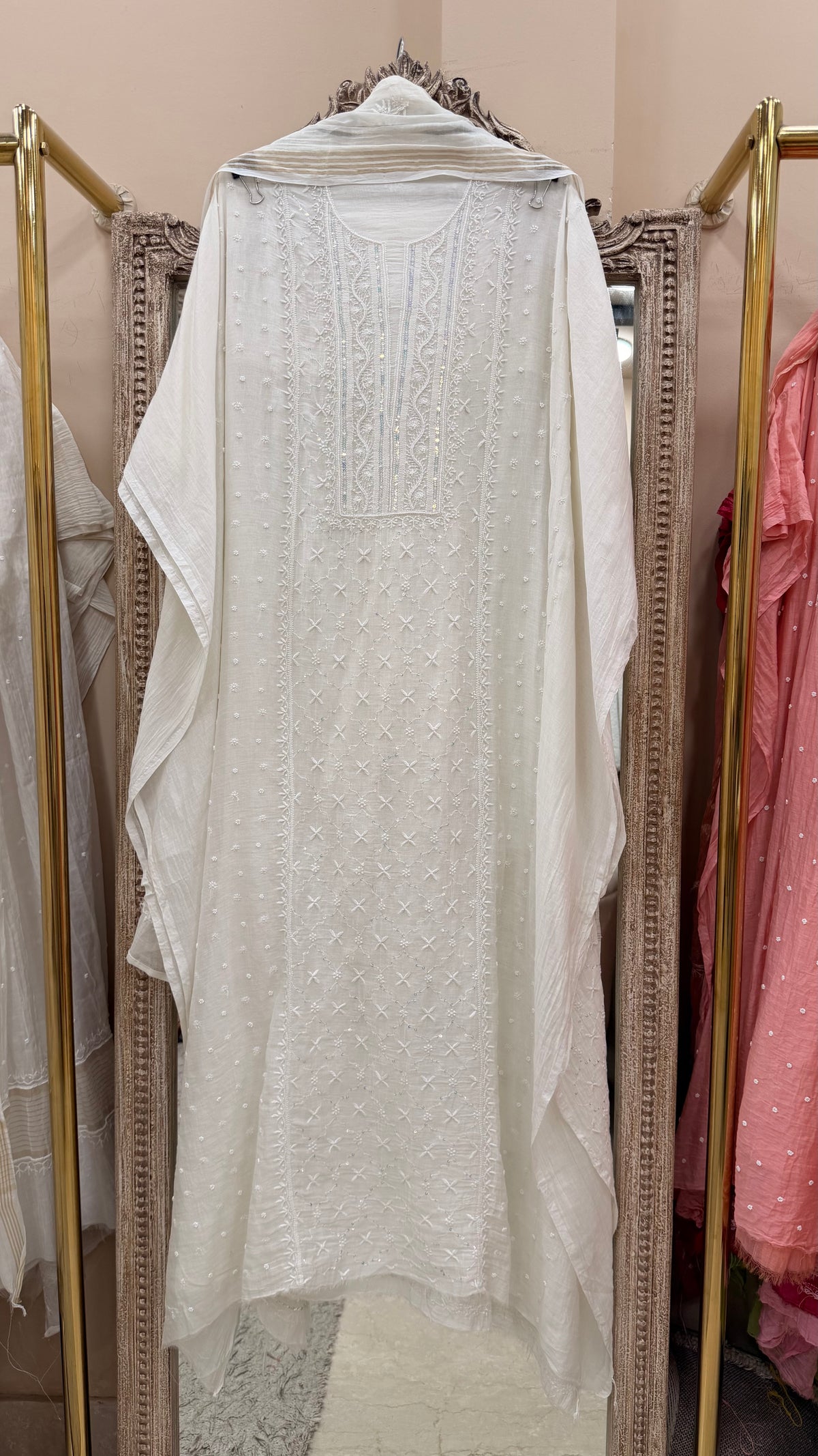 Pure Mulmul Cotton Heavy Pearl And Addon Work With Dupatta White