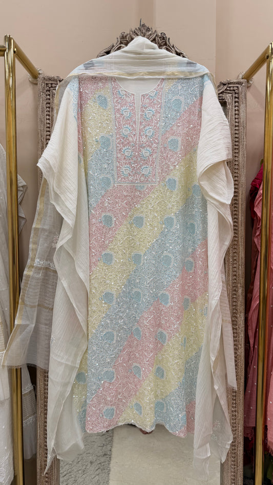 Pure Mulmul Straight MultiColoured Sequence Work Shirt with Dupatta Off White