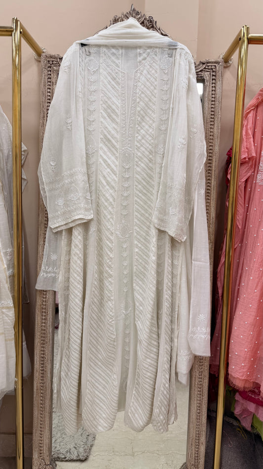 Pure Mulmul Cotton Anarkali Pearl And Addon Work With Dupatta  White