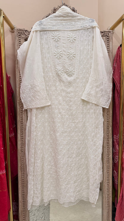 Pure Mulmul Cotton  Kurta Pearl And Addon Work With Dupatta  White