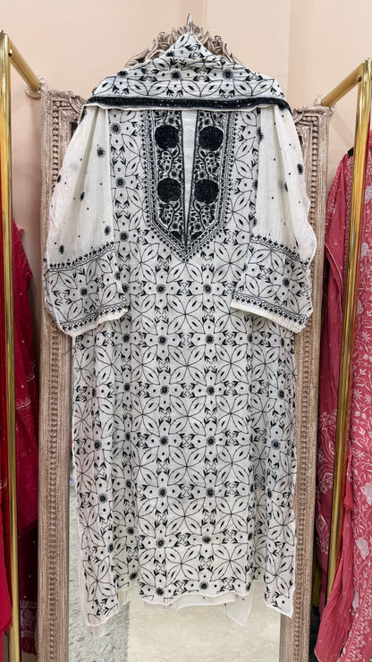 Pure Mulmul Cotton  Kurta Pearl And Addon Work With Dupatta Black And White