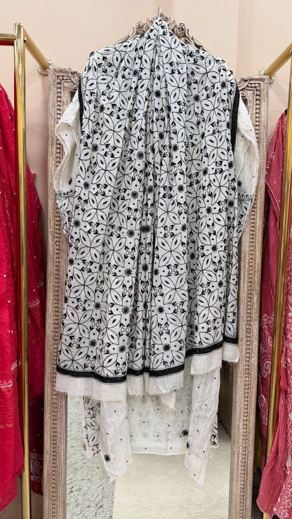 Pure Mulmul Cotton  Kurta Pearl And Addon Work With Dupatta Black And White