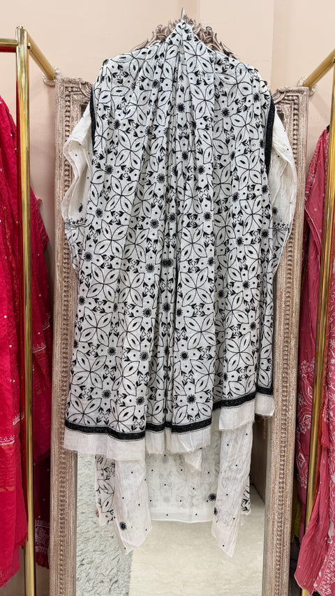 Pure Mulmul Cotton  Kurta Pearl And Addon Work With Dupatta Black And White