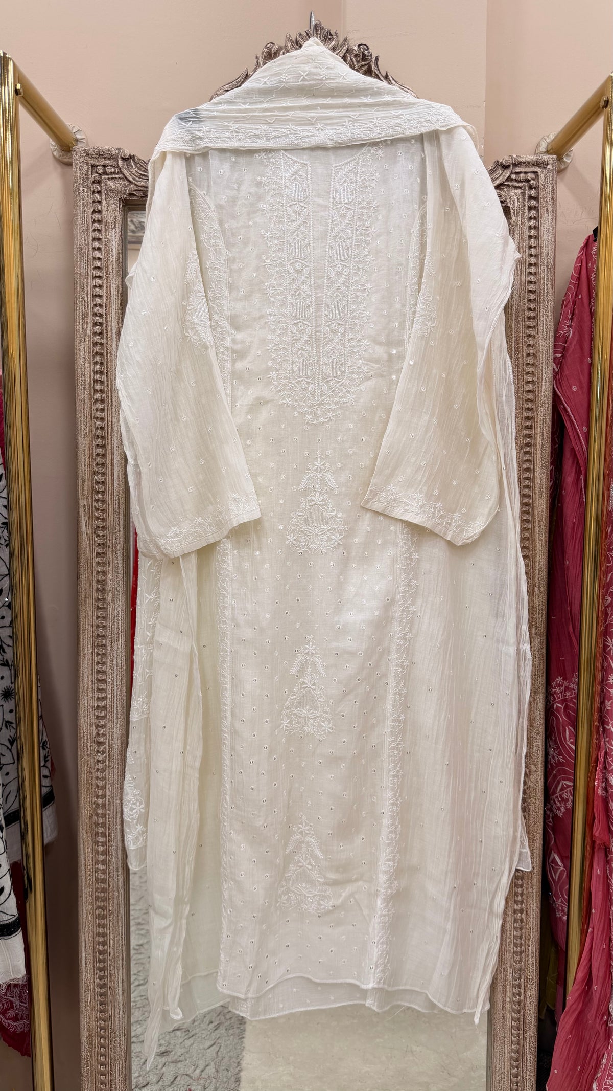 Pure Mulmul Cotton  Kurta Pearl And Addon Work With Dupatta  White