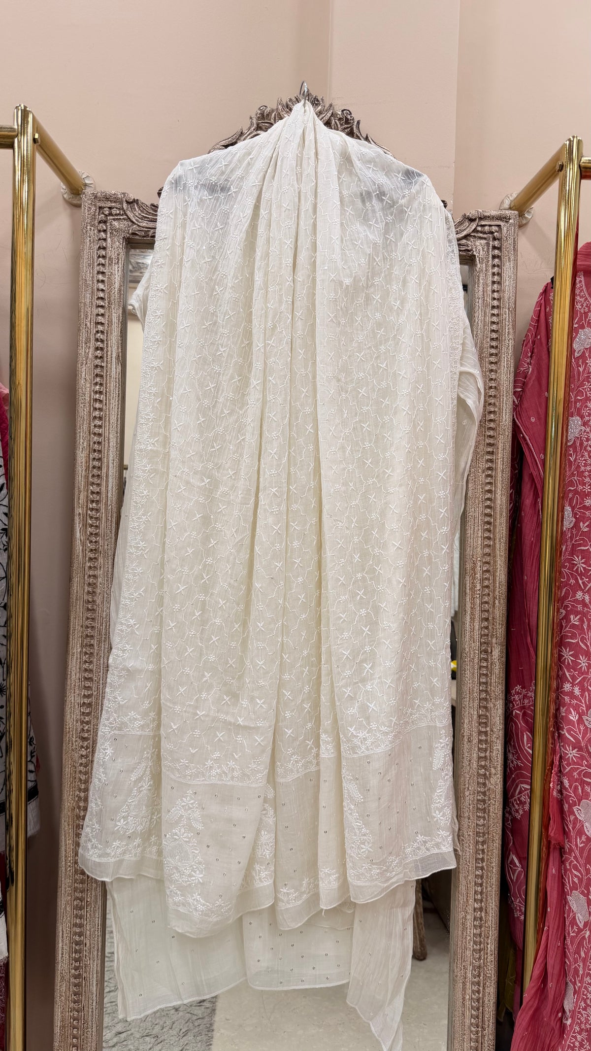 Pure Mulmul Cotton  Kurta Pearl And Addon Work With Dupatta  White