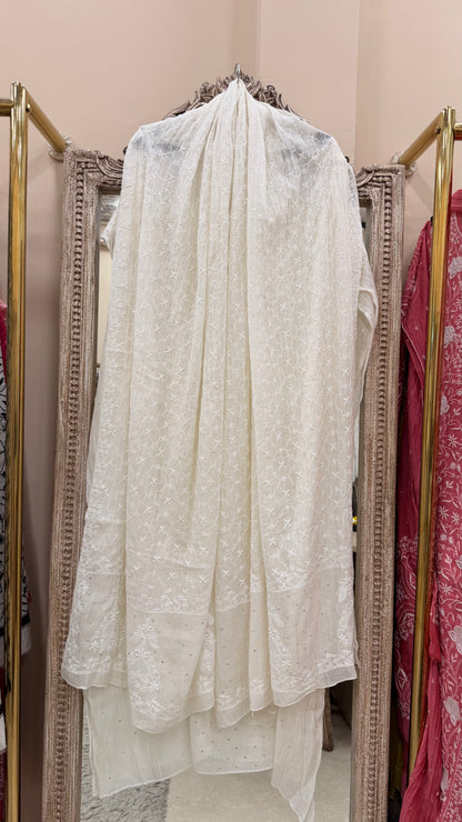 Pure Mulmul Cotton  Kurta Pearl And Addon Work With Dupatta  White