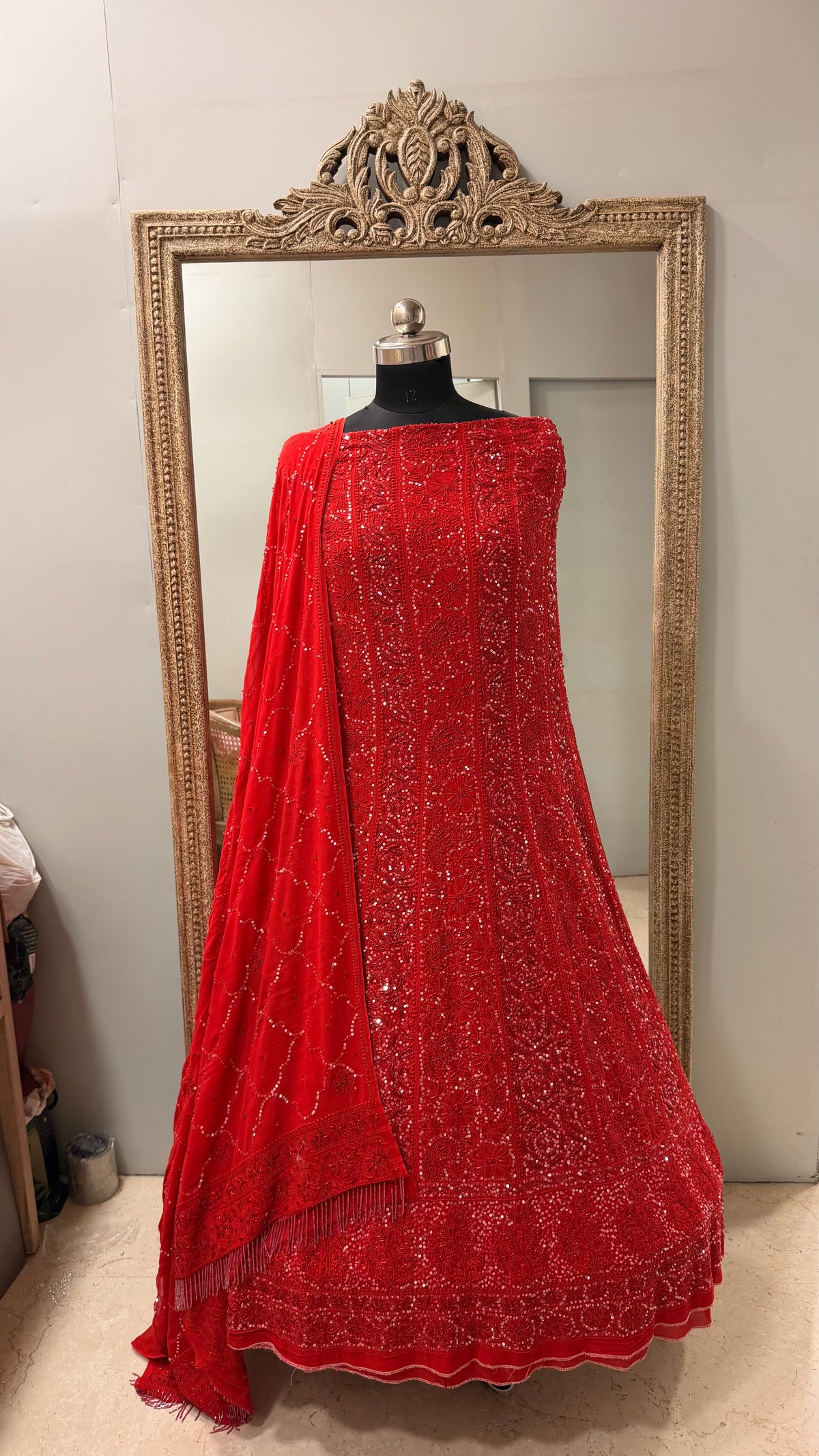 Pure Georgette Anarkali Heavy Pearl, Cutdana and Sequence Red