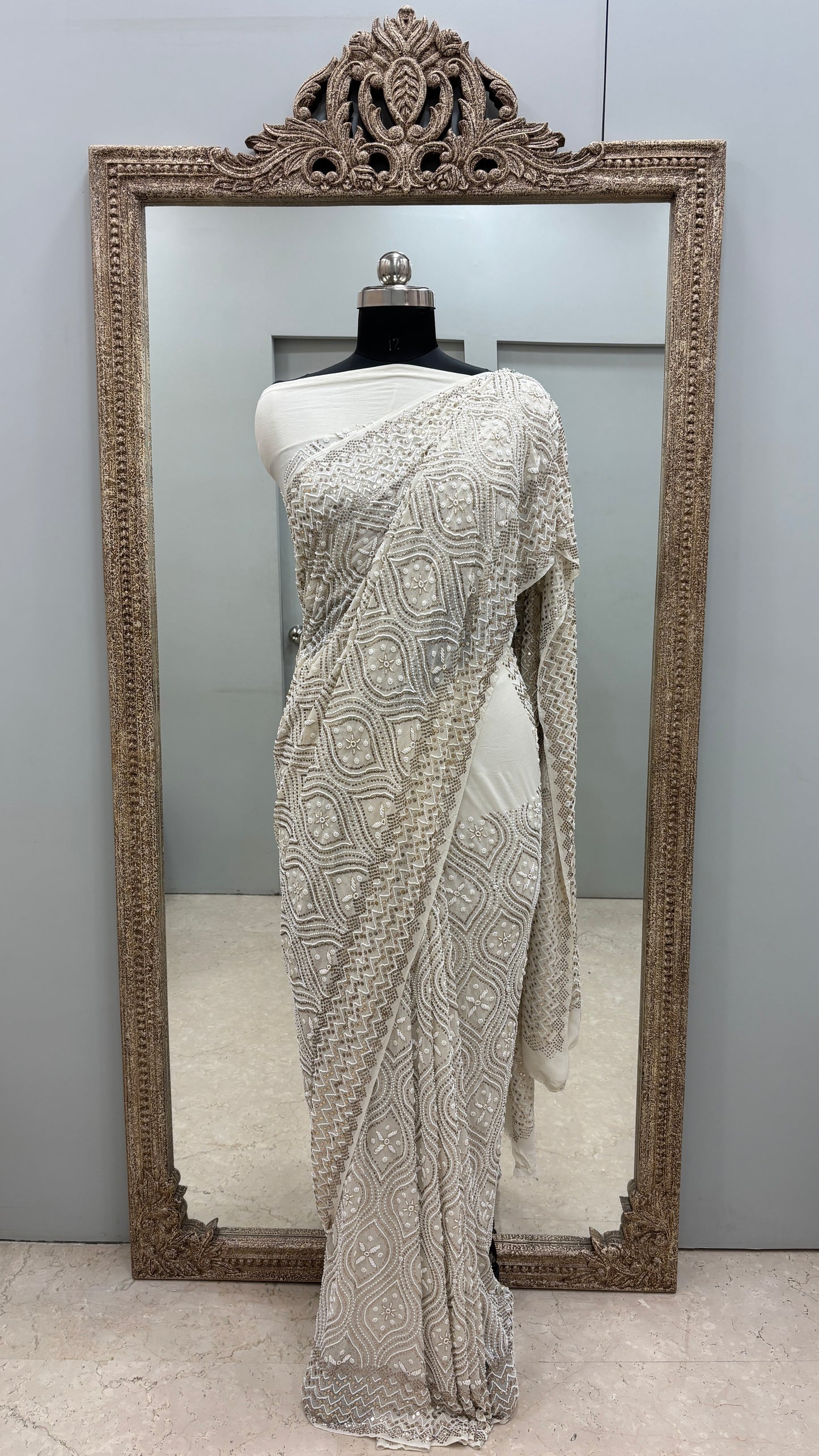 Pure Georgette Saree Badla Pearl And Mukaish work Ivory