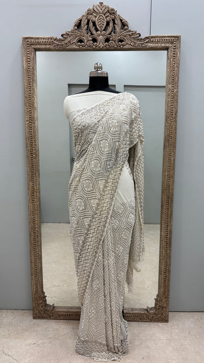 Pure Georgette Saree Badla Pearl And Mukaish work Ivory