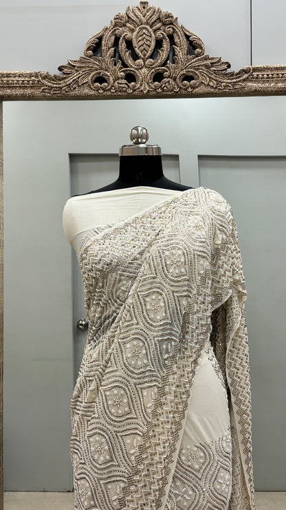 Pure Georgette Saree Badla Pearl And Mukaish work Ivory