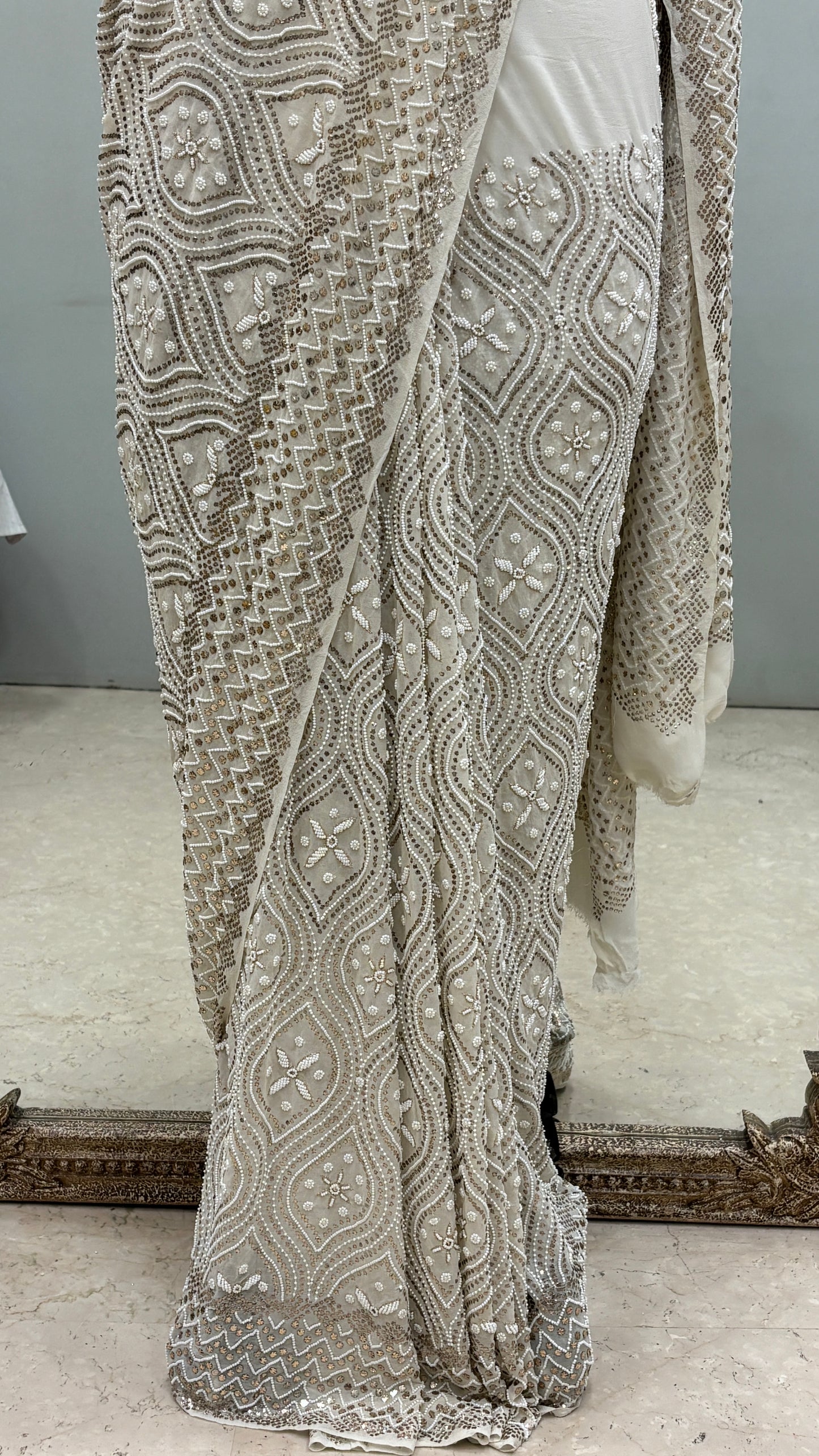 Pure Georgette Saree Badla Pearl And Mukaish work Ivory