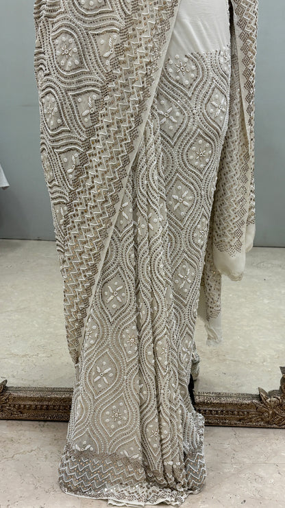 Pure Georgette Saree Badla Pearl And Mukaish work Ivory