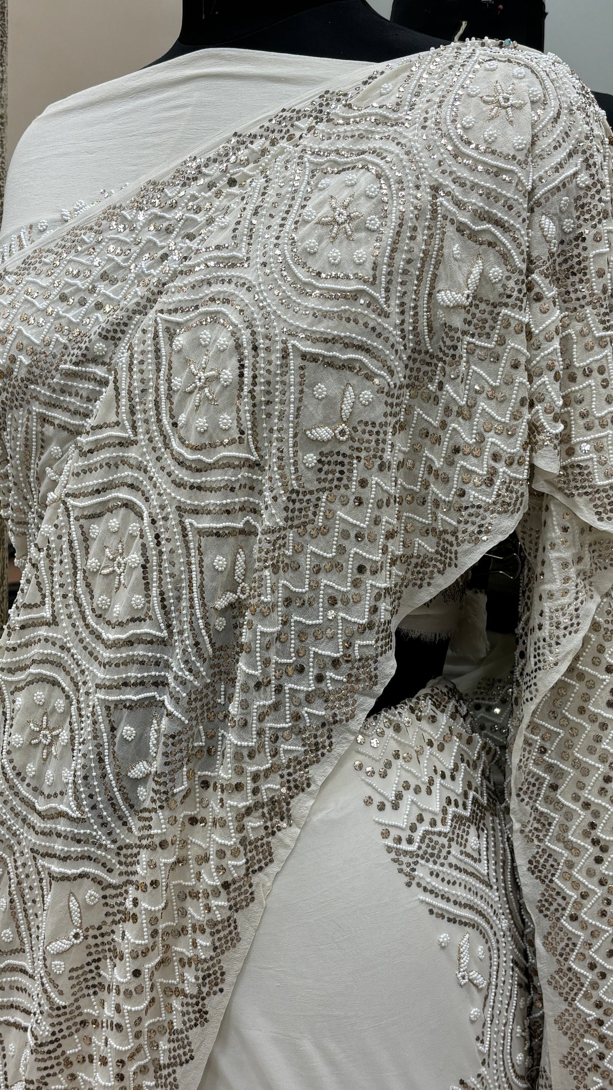 Pure Georgette Saree Badla Pearl And Mukaish work Ivory