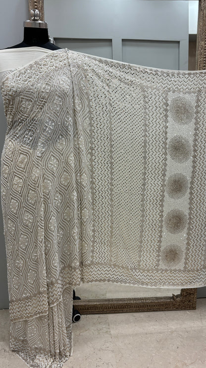 Pure Georgette Saree Badla Pearl And Mukaish work Ivory