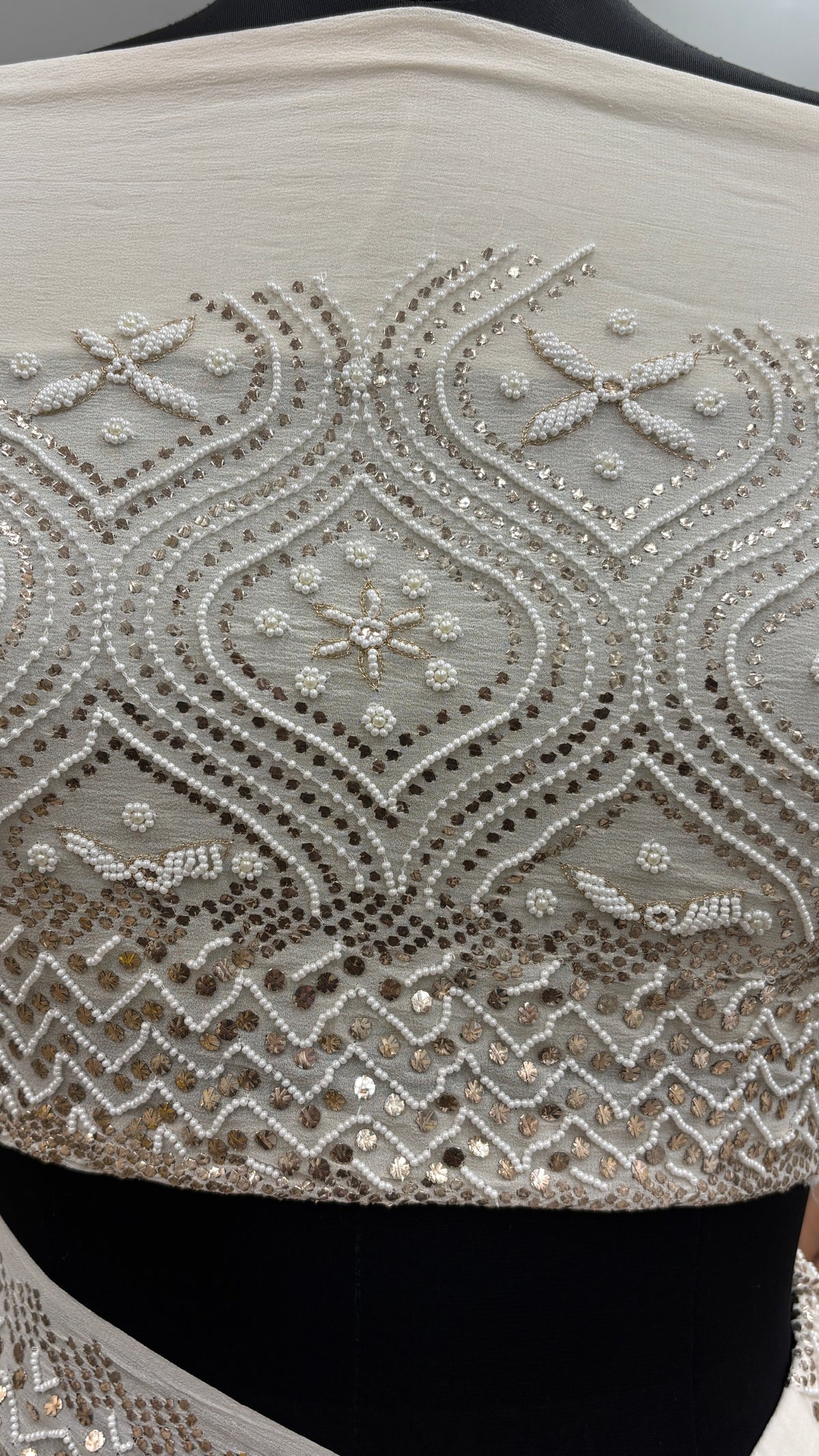 Pure Georgette Saree Badla Pearl And Mukaish work Ivory