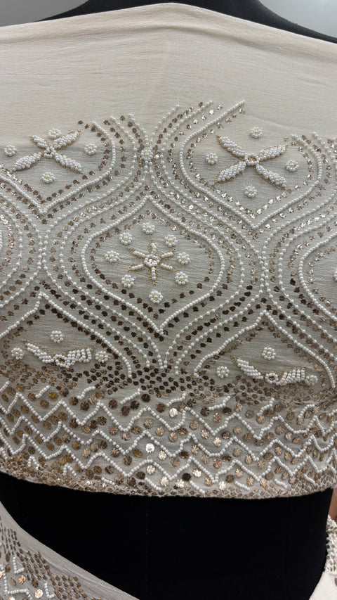 Pure Georgette Saree Badla Pearl And Mukaish work Ivory