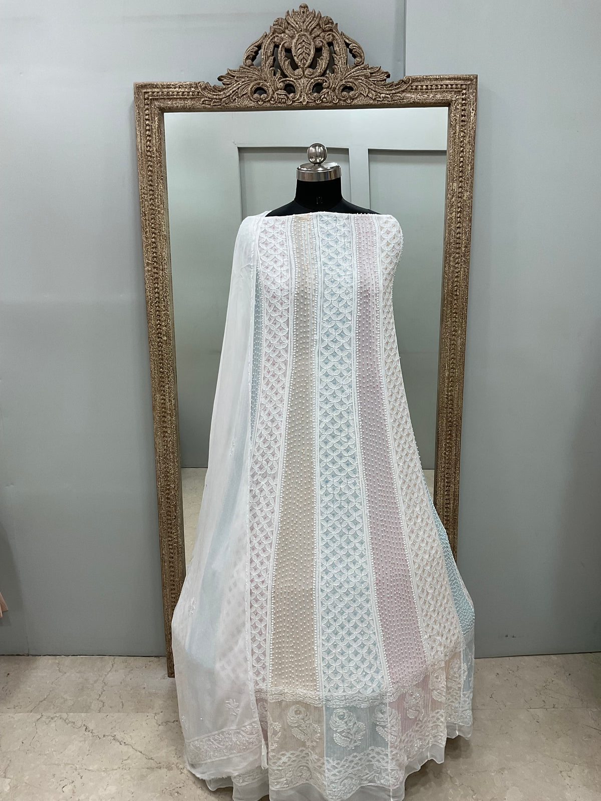 Georgette Anarkali Multicoloured Pearl And Cutdana Work White 03
