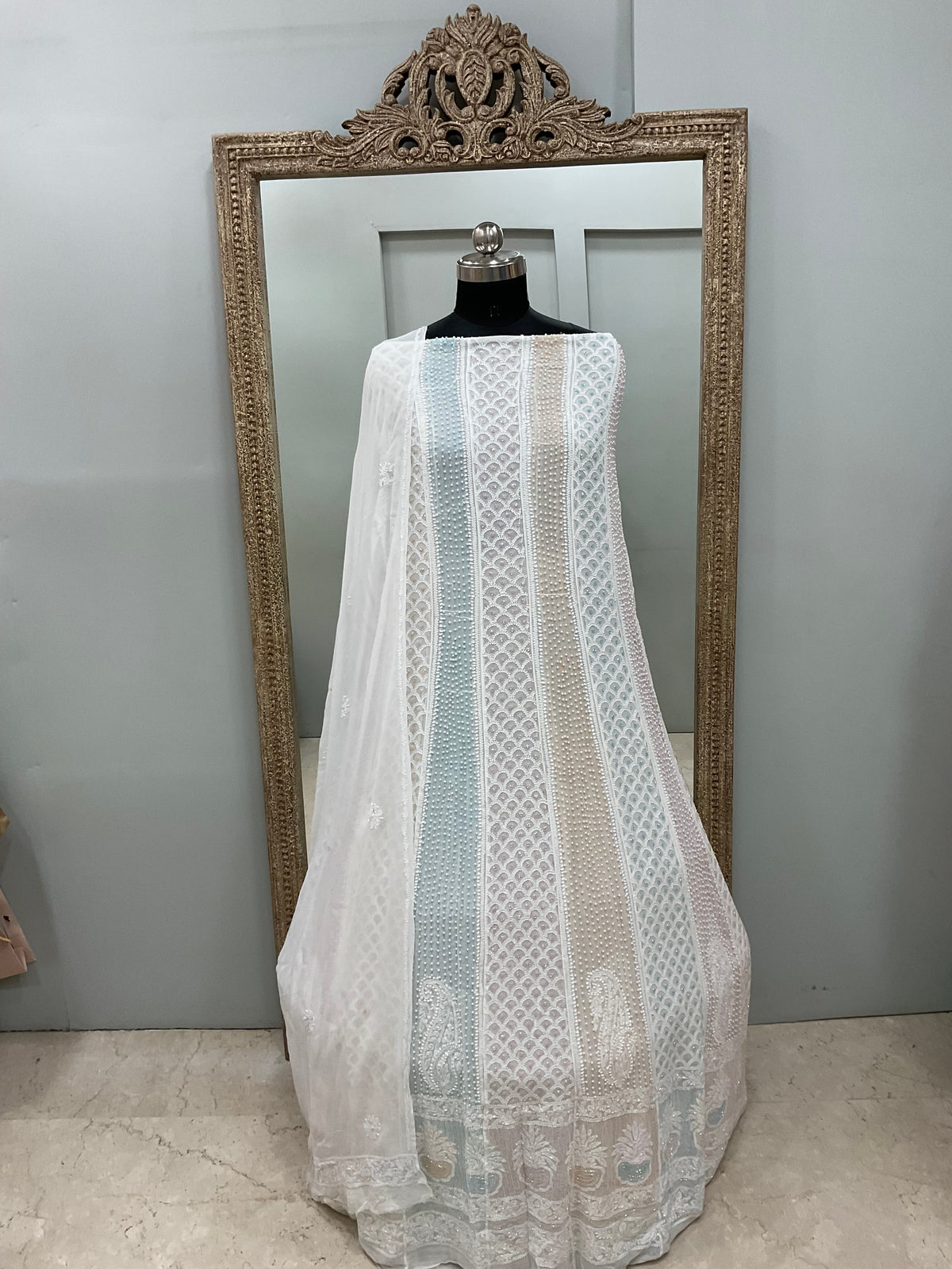 Georgette Anarkali Multicoloured Pearl And Cutdana Work White 05
