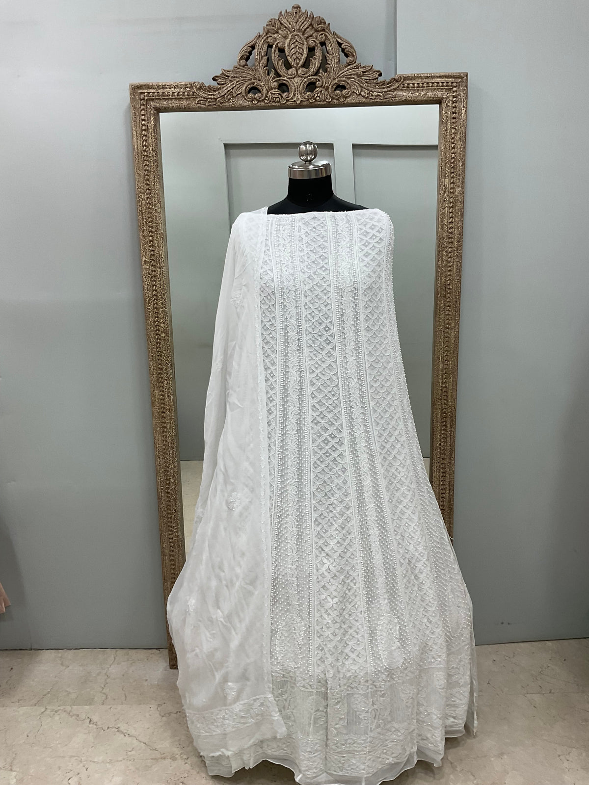 Georgette Anarkali Heavy Pearl And Cutdana Work White 07