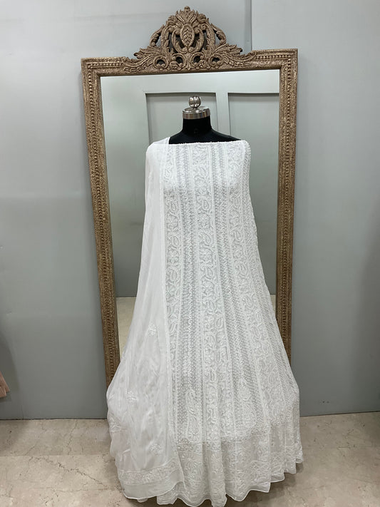 Georgette Anarkali Heavy Pearl And Cutdana Work White 06