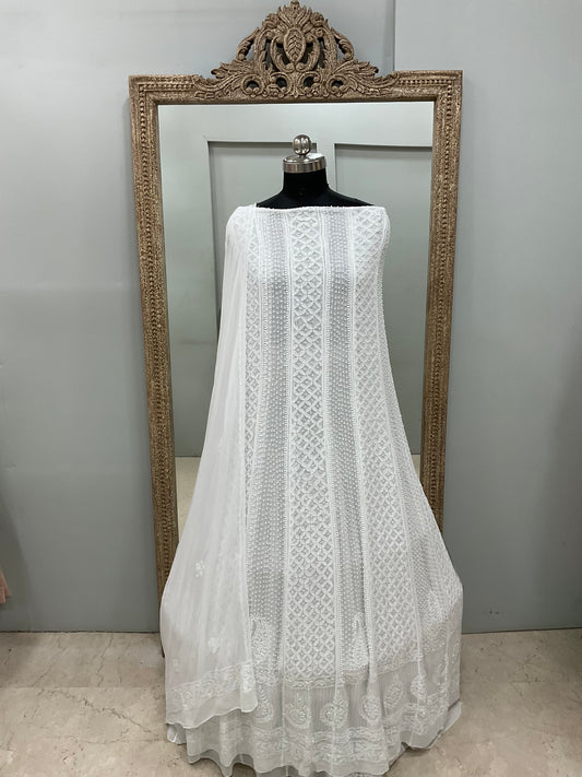Georgette Anarkali Heavy Pearl And Cutdana Work White 05