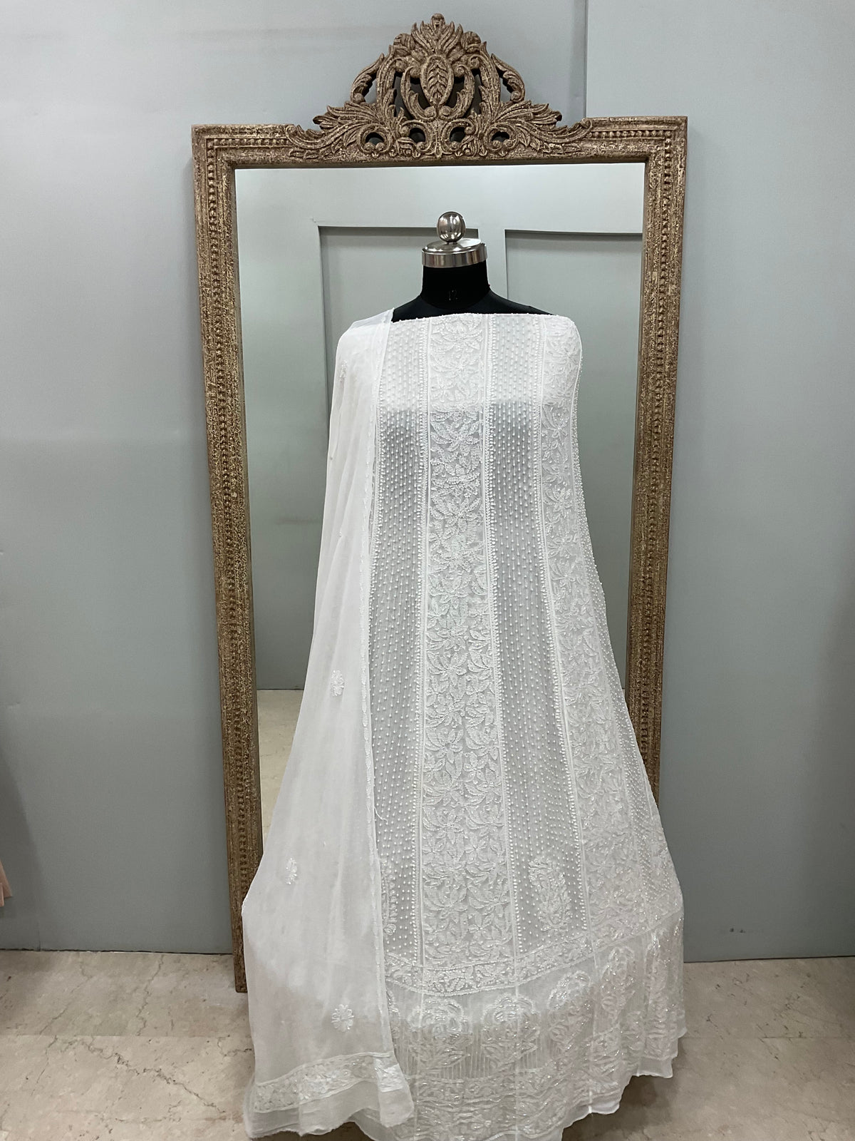 Georgette Anarkali Heavy Pearl And Cutdana Work White 04