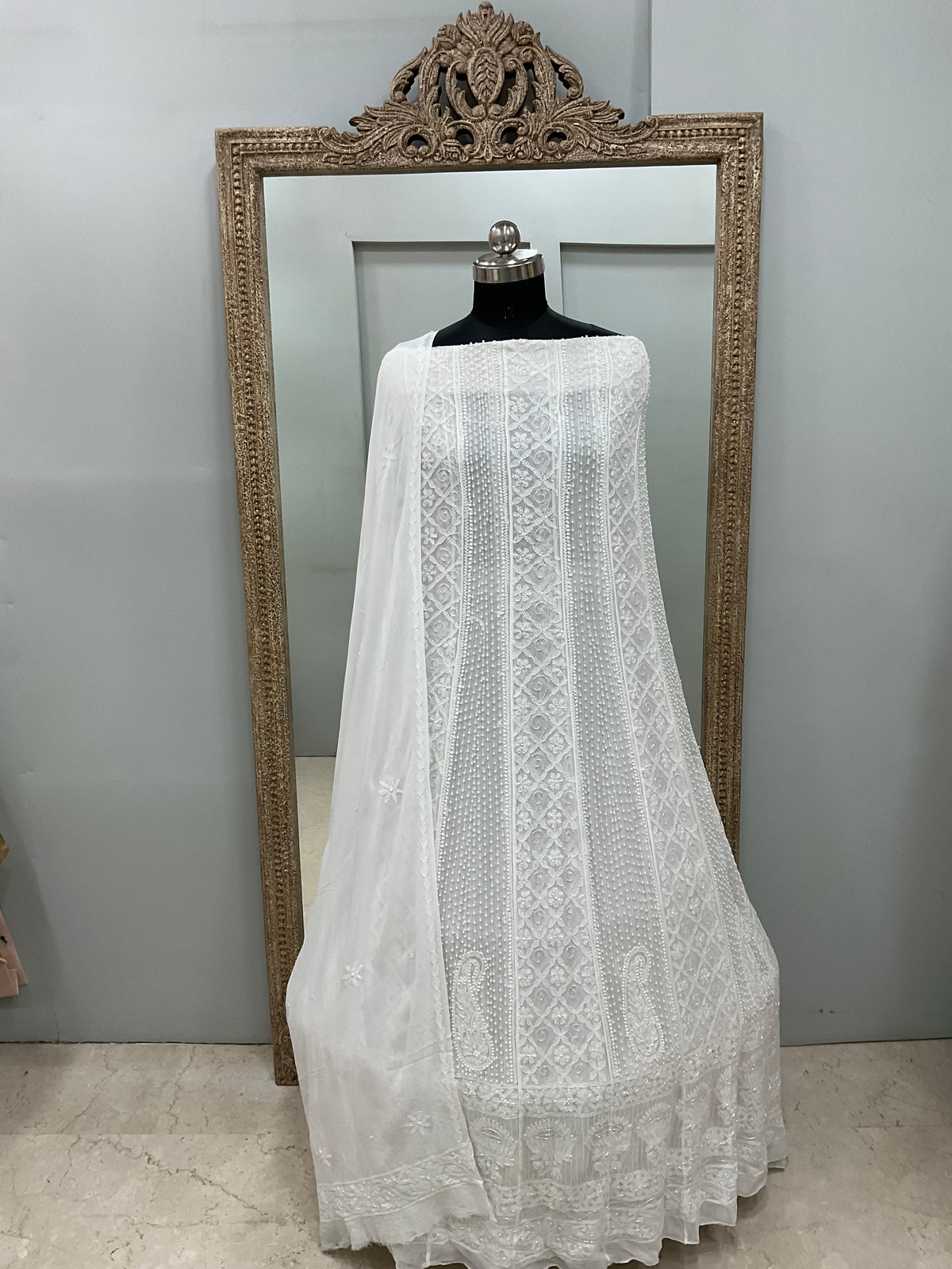 Georgette Anarkali Heavy Pearl And Cutdana Work White 03