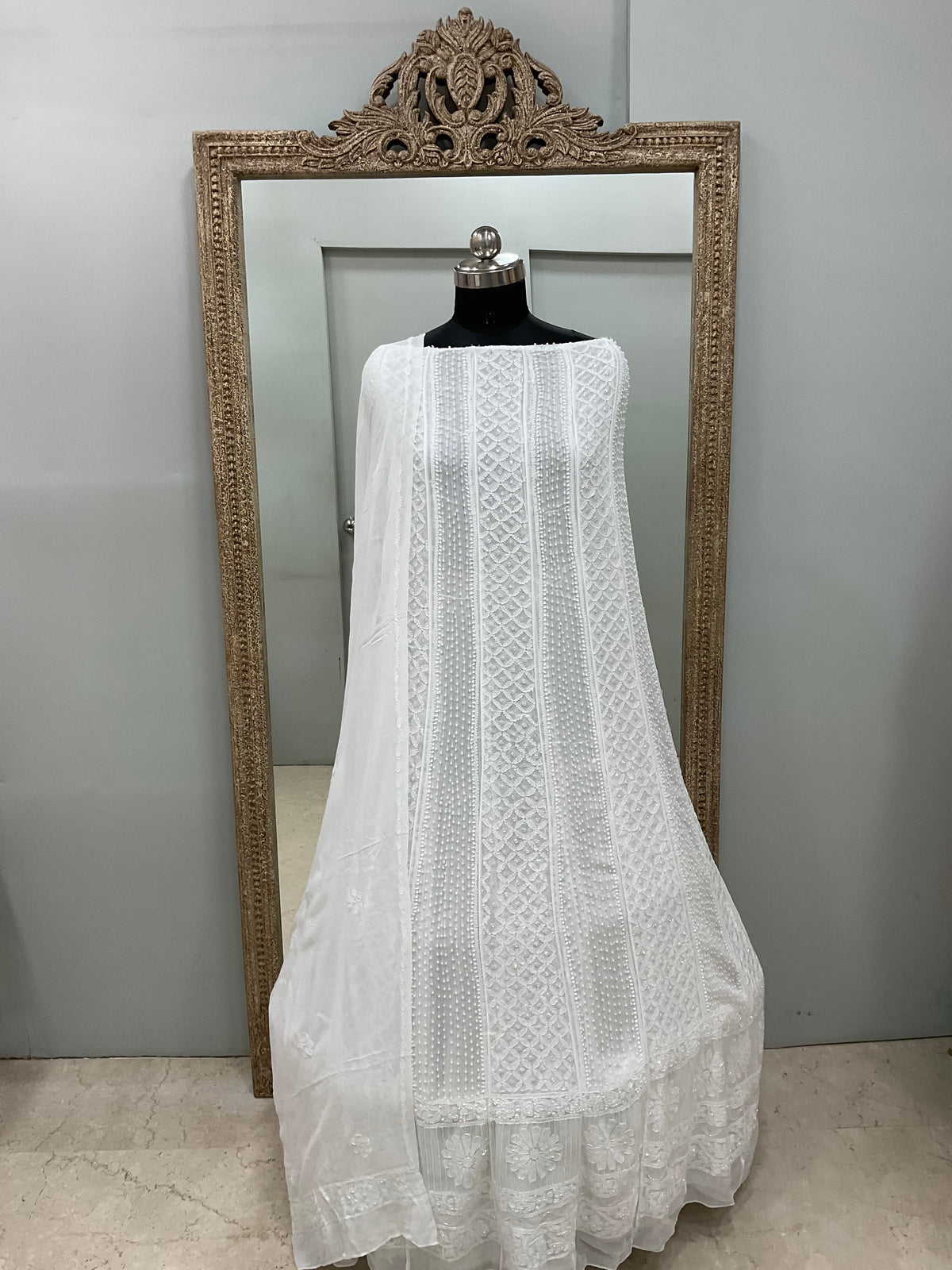Georgette Anarkali Heavy Pearl And Cutdana Work White 02