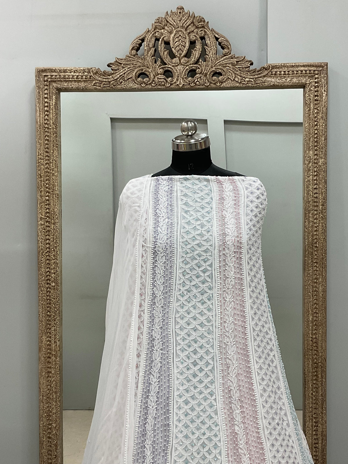 Georgette Anarkali Multicoloured Pearl And Cutdana Work White 01