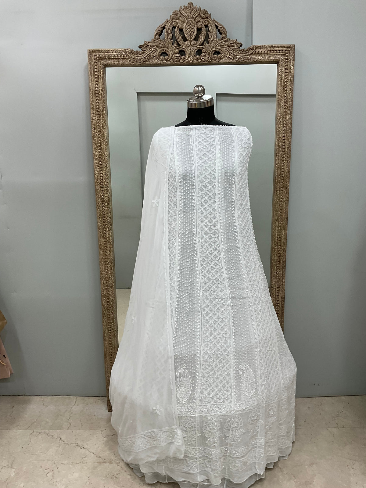 Georgette Anarkali Heavy Pearl And Cutdana Work White 01