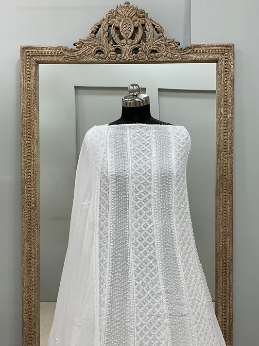 Georgette Anarkali Heavy Pearl And Cutdana Work White 01