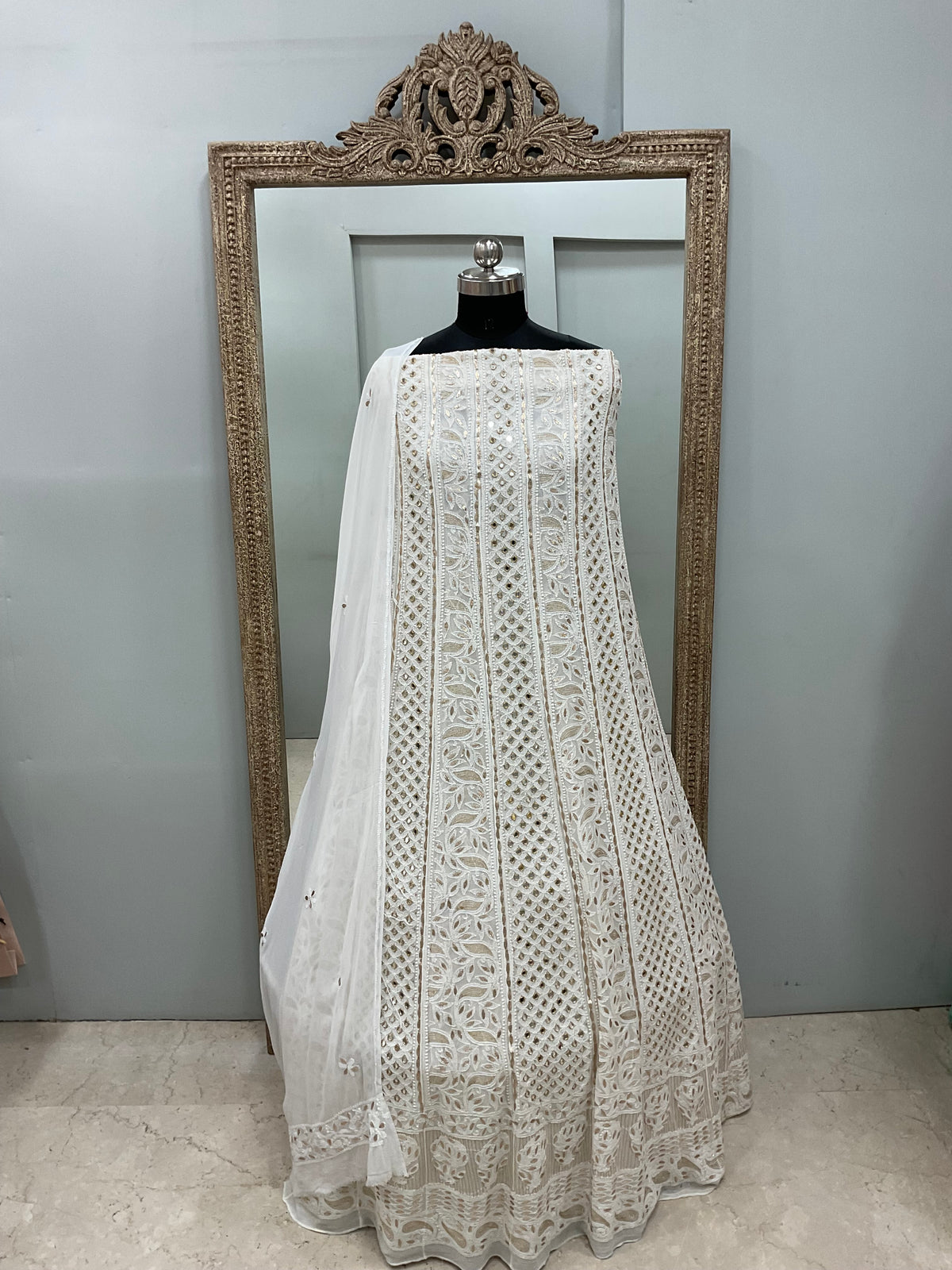 Georgette Anarkali Heavy Gota Mirror Work Off White 01