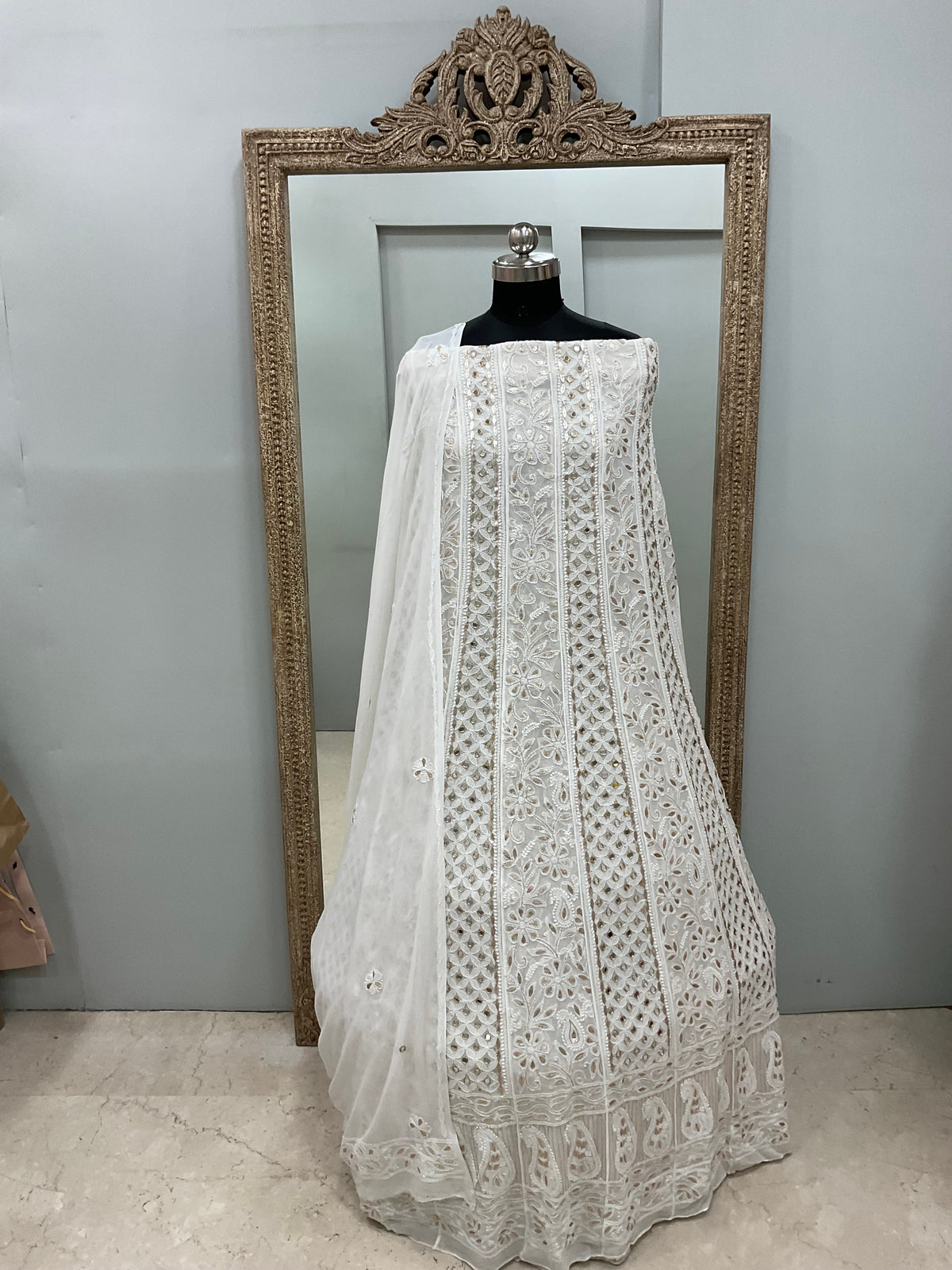 Georgette Anarkali Heavy Gota Mirror Work Off White 02