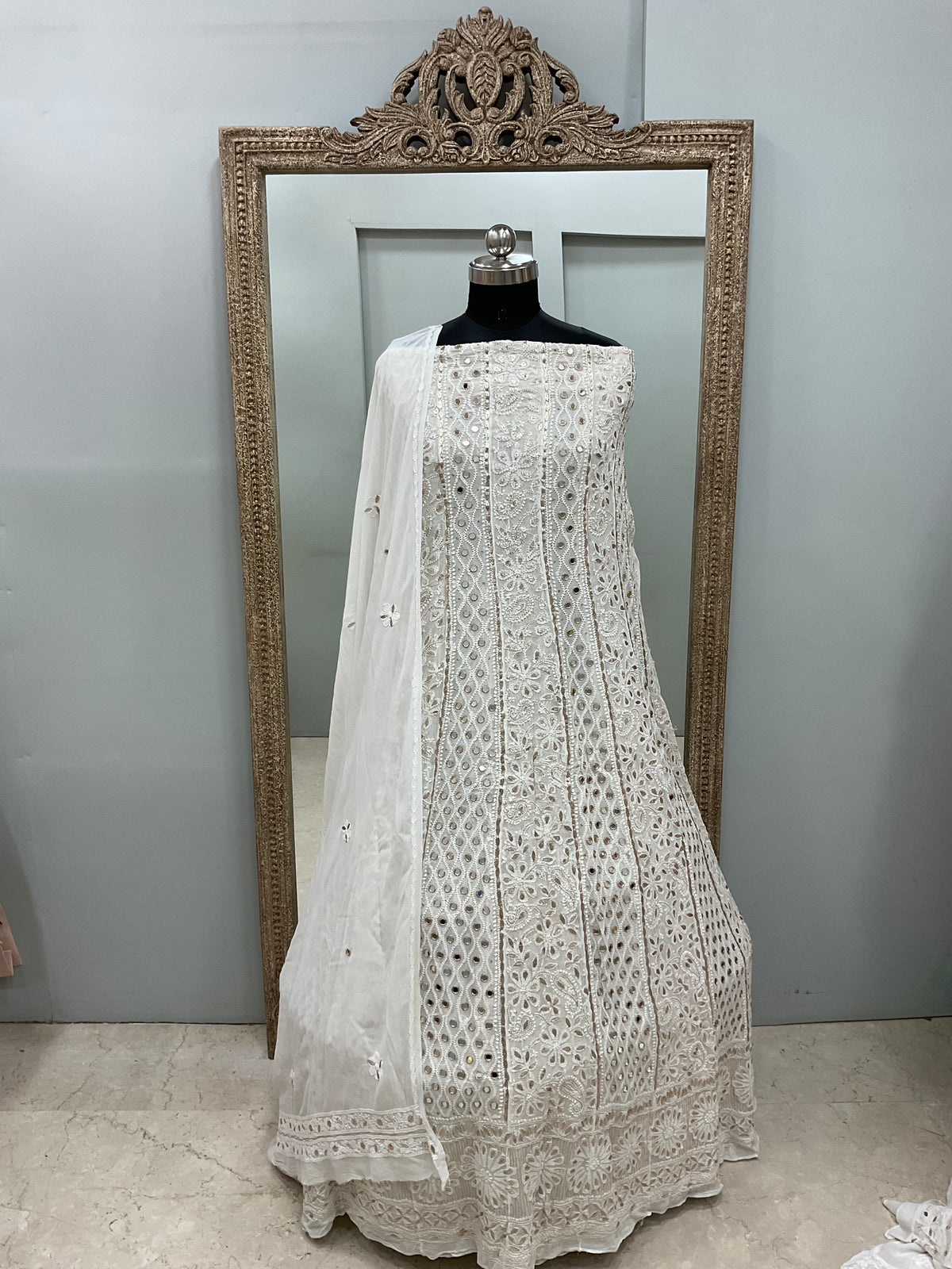 Georgette Anarkali Heavy Gota Mirror Work Off White 04