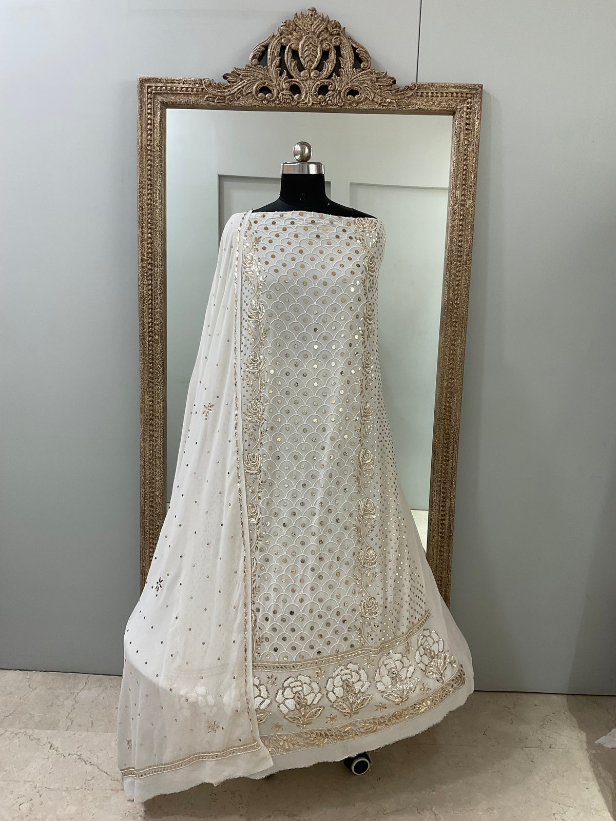 Pure Georgette Badla Mukaish and Pearl Shirt and Dupatta Off White